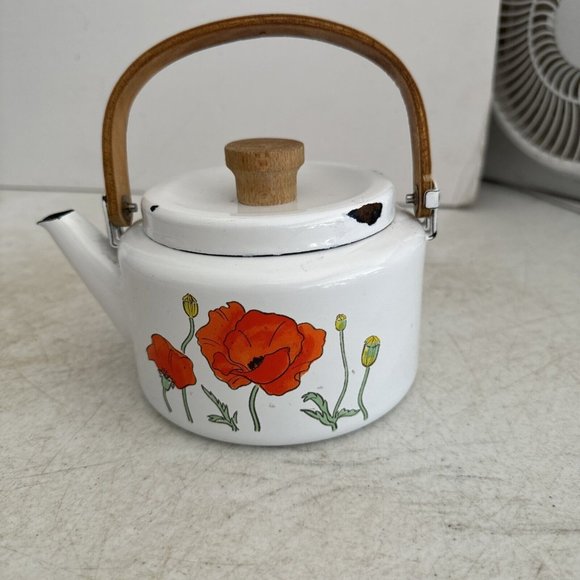 Vintage Saltera Himark Enamel RARE Teapot MCM  Red Orange Floral Wooden Handle - Picture 1 of 11
